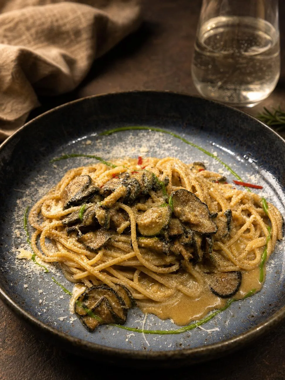 Spaghetto cremoso, zucchine e tartufo