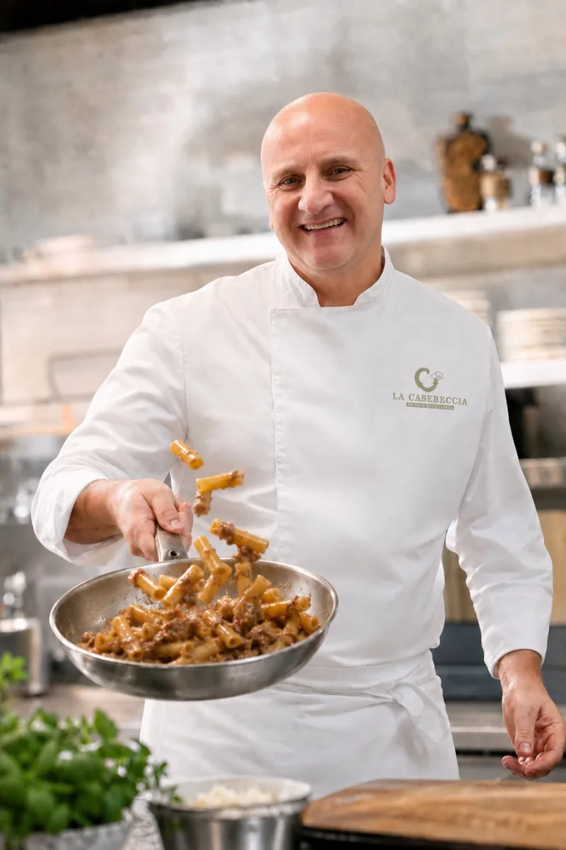 Chef Luigi, fondatore de La Casereccia, salta i paccheri al ragù in padella nella cucina del ristorante