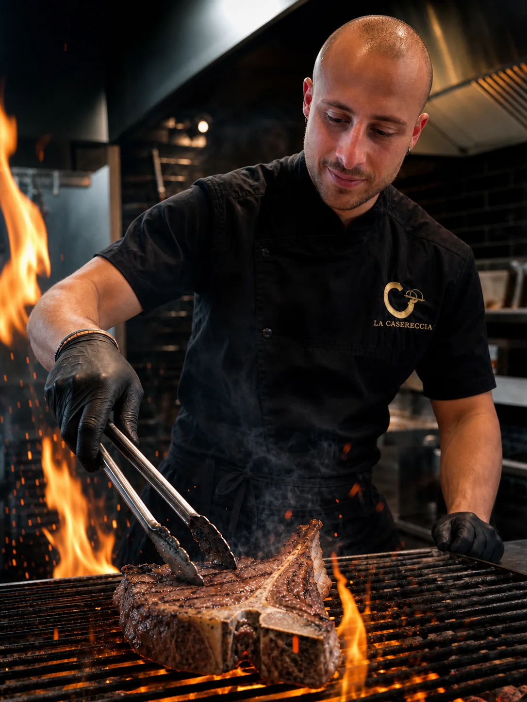 Totti alla brace, cuoce una T-bone steak sul grill con le fiamme vive, divisa nera con logo oro La Casereccia